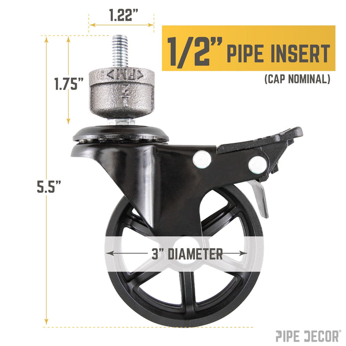 Swivel Caster Wheels for  ½” Pipe with Locking Mechanism (4-Pack)