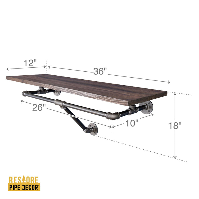 36 in. Wall Mounted Clothing Rack with Wood Shelf, Trail Brown