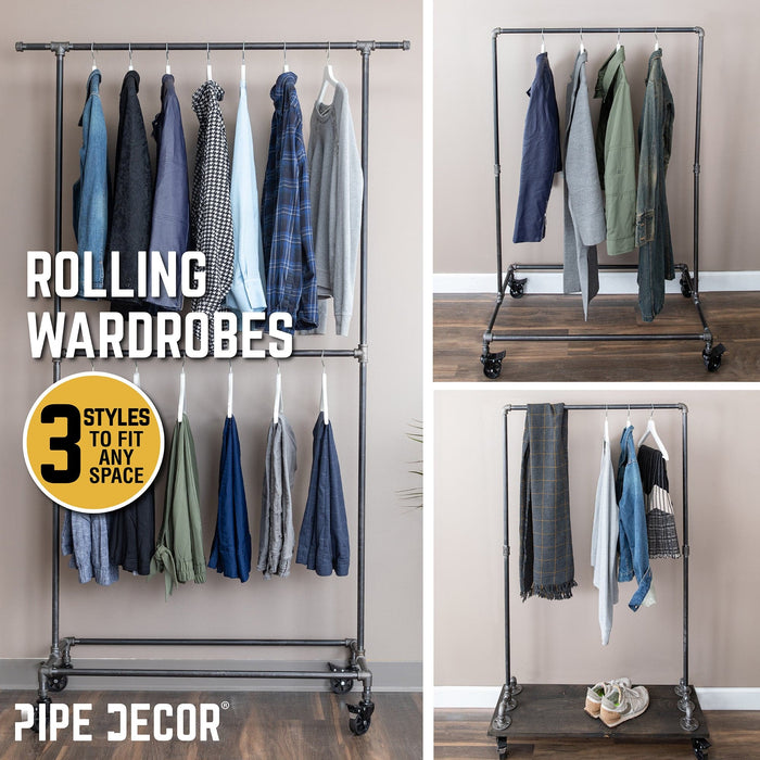 59 ½ in. Rolling Single Rod Clothing Rack with Wood Shelf, Boulder Black