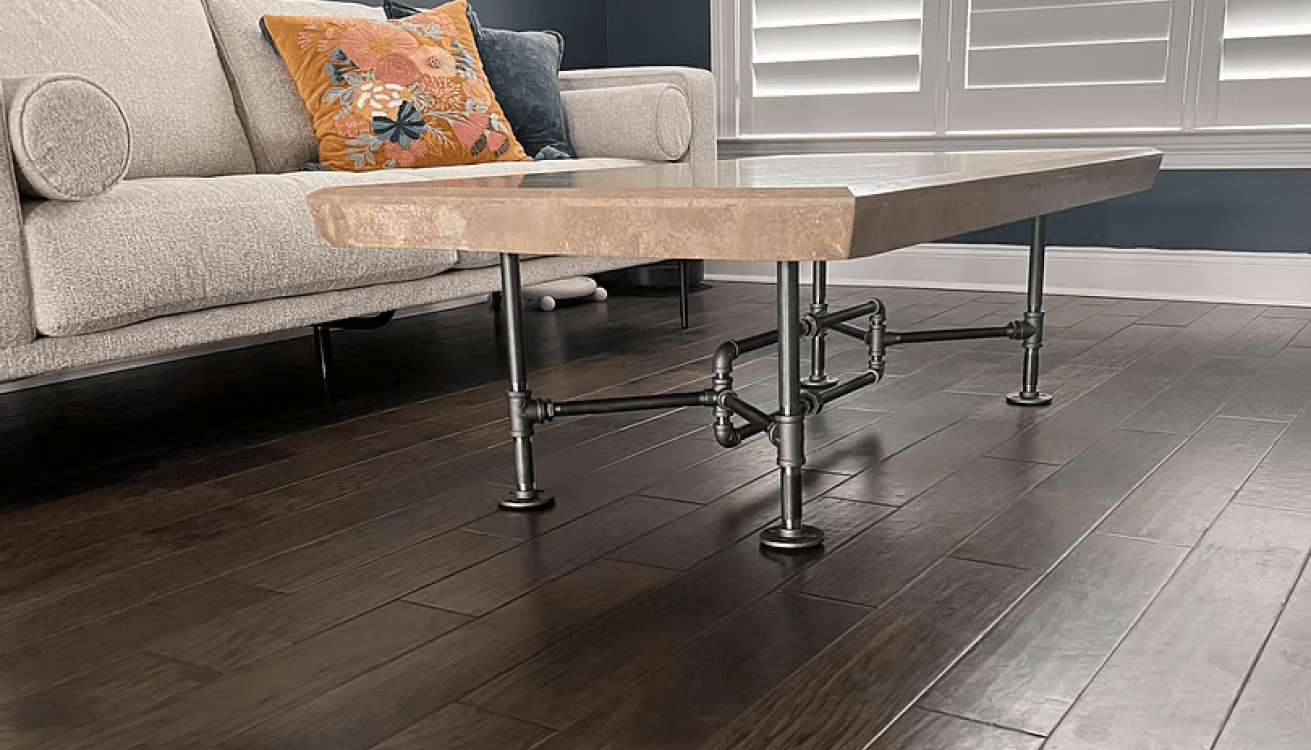 Coffee Table with Loop Table Legs with custom table top by the customer. Used by PIPEDECOR for Creative DIY Projects: Transforming Spaces with PIPE DECOR blog