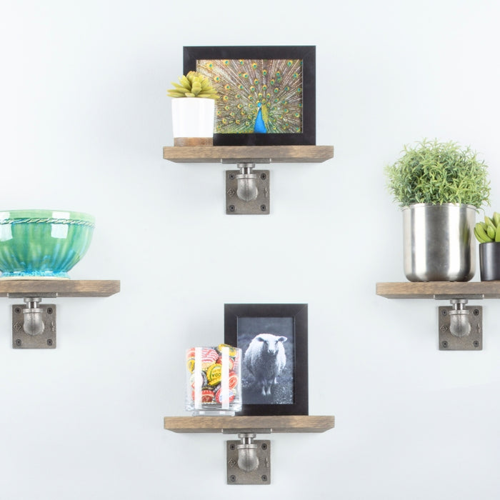 Four small industrial pipe shelves mounted on a white wall, showcasing a variety of decorative items, including plants, framed photos, and a ceramic bowl.