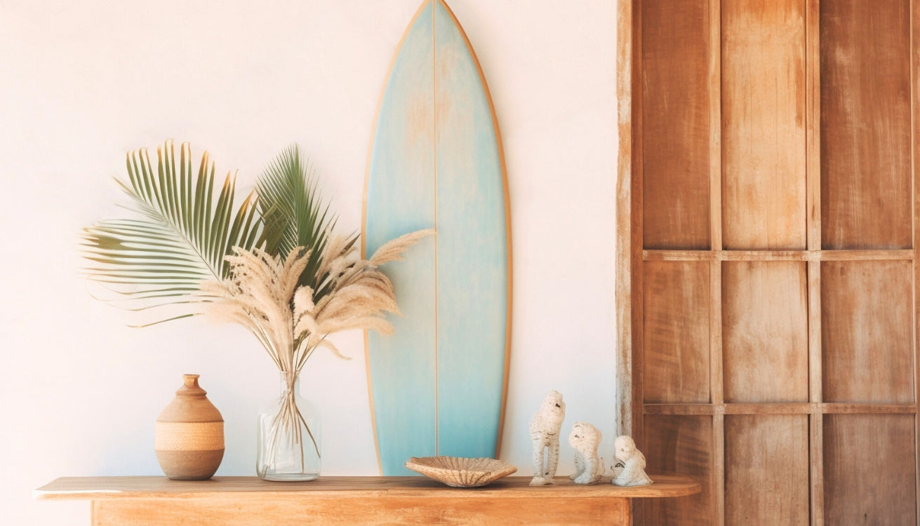 Coastal-themed console table decor with a surfboard, pampas grass, and ceramic figurines, ideal for a relaxed, beach-inspired home.