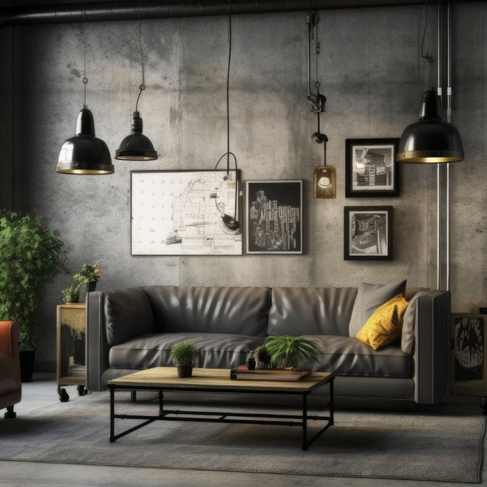 Modern living room showcasing summer décor trends with industrial-style pipe furniture, including a sleek coffee table, shelving unit, and pendant lights, adding a fresh and contemporary touch to the space.