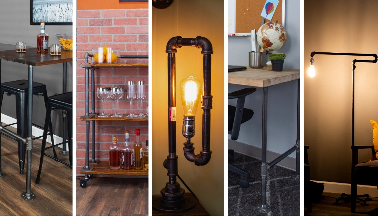 Collage of stylish industrial pipe furniture, featuring a bar table, bar cart, table lamp, desk, and floor lamp—ideal for unique Father’s Day gifts.