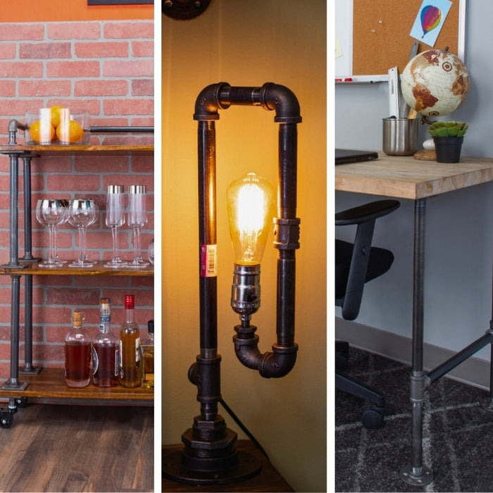 Collage of stylish industrial pipe furniture, featuring a bar table, bar cart, table lamp, desk, and floor lamp—ideal for unique Father’s Day gifts.