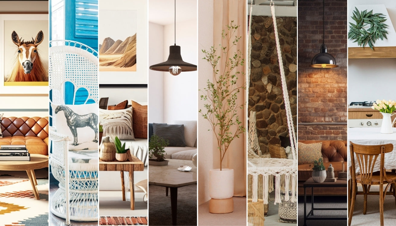 Image collage of various home decor styles, including rustic, bohemian, mid-century modern, and farmhouse.