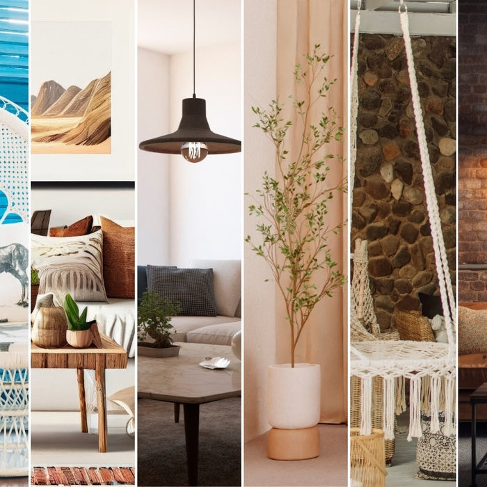 Image collage of various home decor styles, including rustic, bohemian, mid-century modern, and farmhouse.