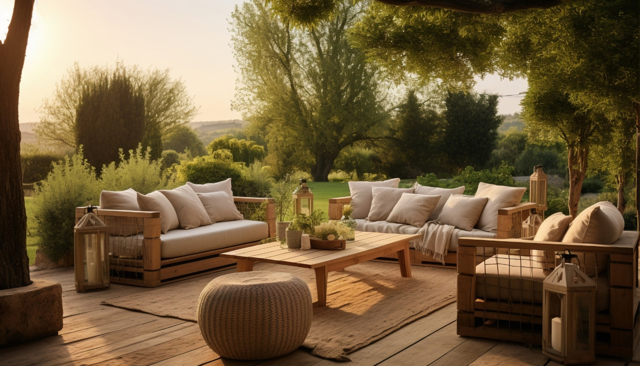 Cozy outdoor patio setup with wooden sofas and a coffee table, perfect for enjoying the garden with a touch of industrial style.