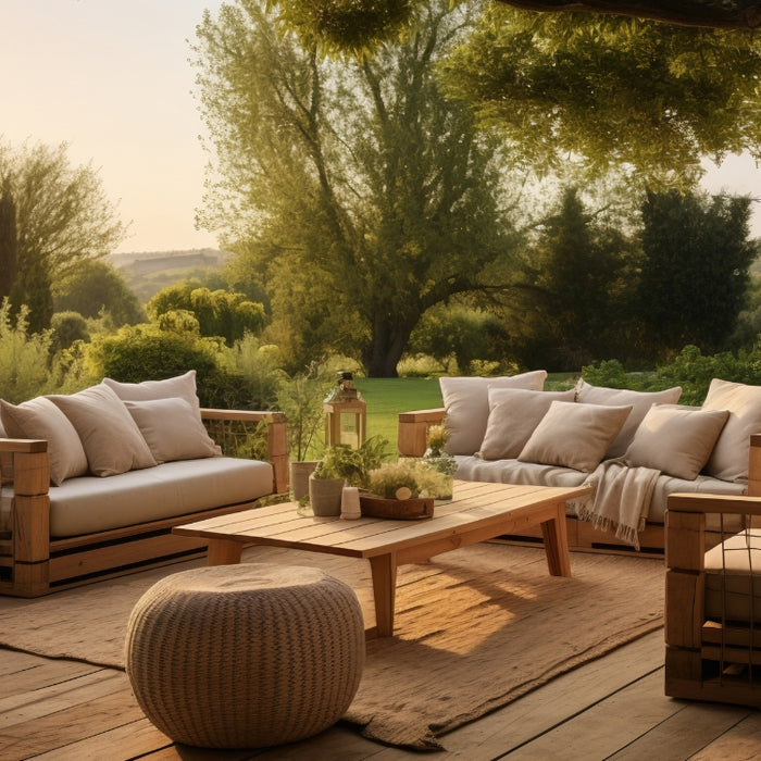 Cozy outdoor patio setup with wooden sofas and a coffee table, perfect for enjoying the garden with a touch of industrial style.