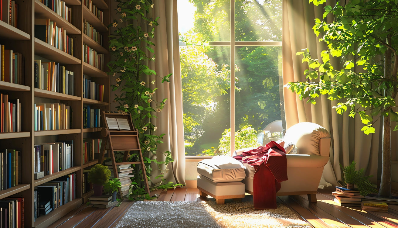 Image of a cozy reading nook with a comfortable chair by the window and a shelf full of neatly arranged books. 