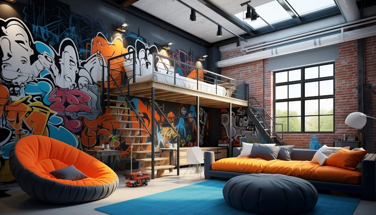 Modern street style room featuring vibrant graffiti walls, industrial pipe loft bed, and bold orange and blue furniture. The space showcases unique pipe furniture elements, creating a stylish and urban aesthetic.
