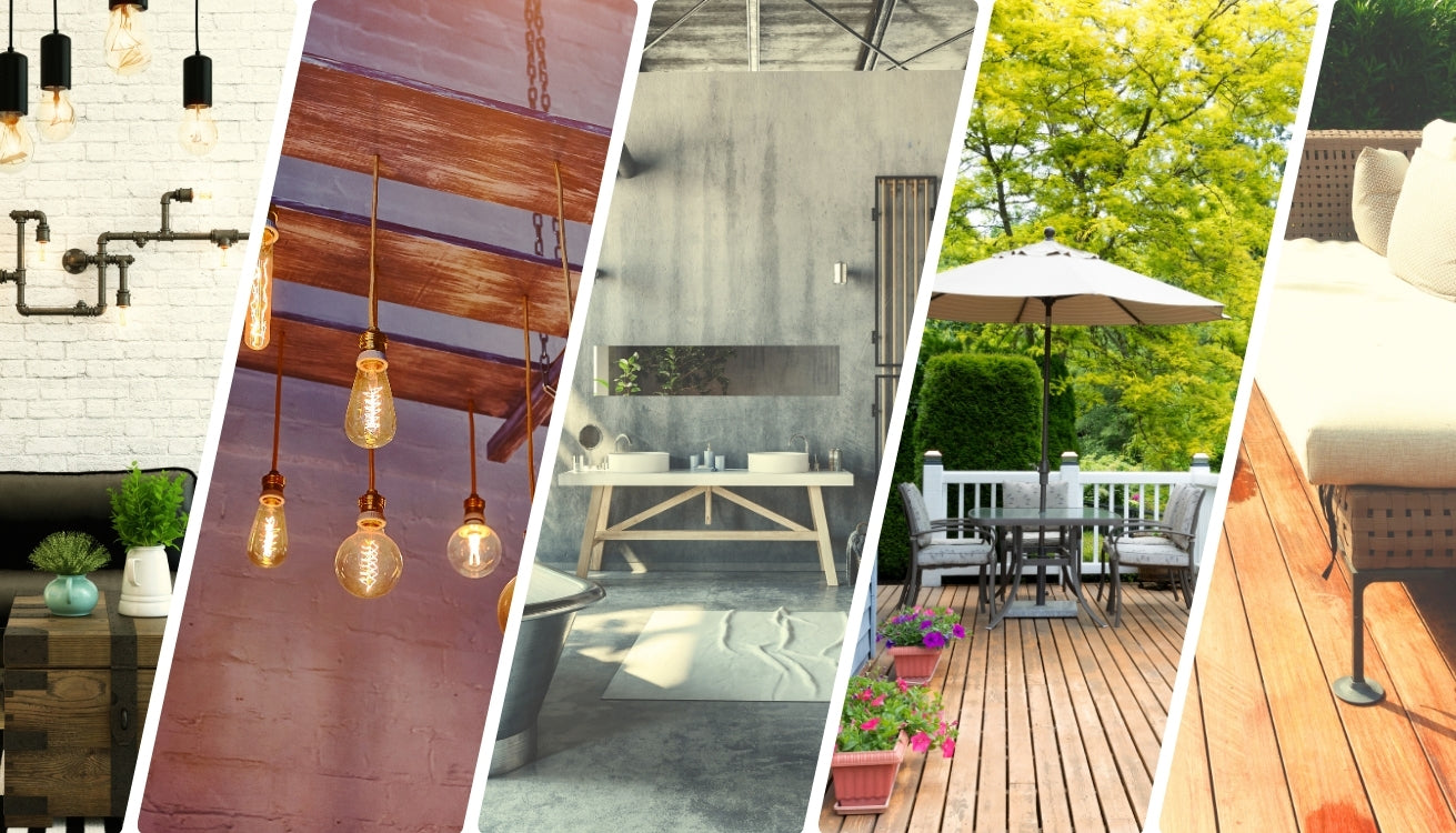 Collage of stylish pipe furniture and summer decor ideas showcasing industrial lighting, outdoor seating, and creative design for a perfect summer makeover.