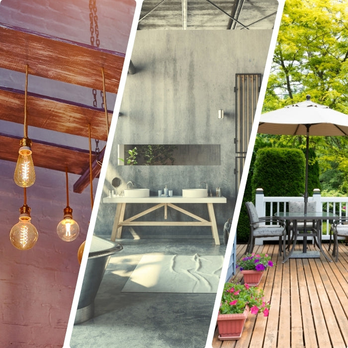 Collage of stylish pipe furniture and summer decor ideas showcasing industrial lighting, outdoor seating, and creative design for a perfect summer makeover.