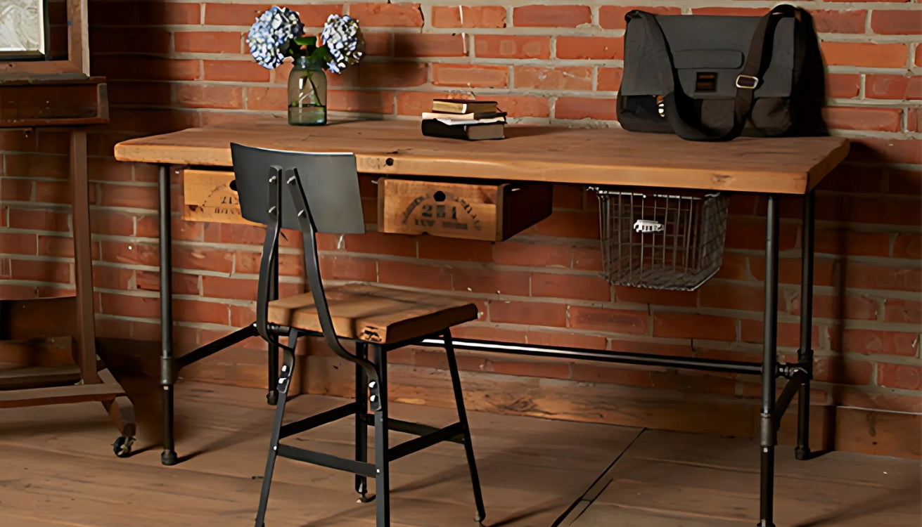 A modern industrial-style office desk featuring a natural wood top and sturdy black metal pipe legs, paired with a vintage metal chair and rustic decor.