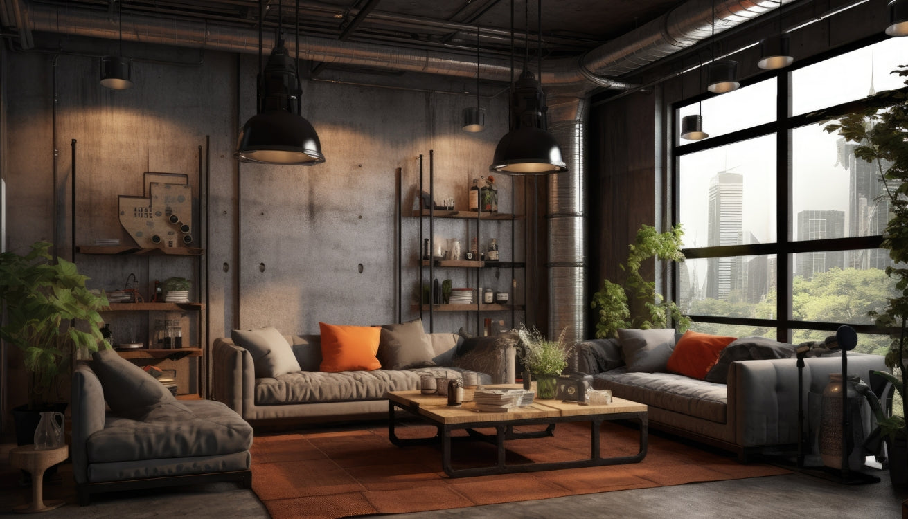 Cozy modern industrial living room with large windows, neutral furniture, and orange accents.