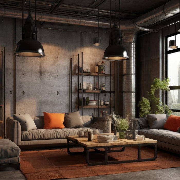 Cozy modern industrial living room with large windows, neutral furniture, and orange accents.