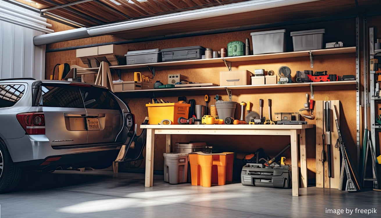 A tidy garage with shelves and a workbench organized with tools, storage bins, and equipment, alongside a parked car. 