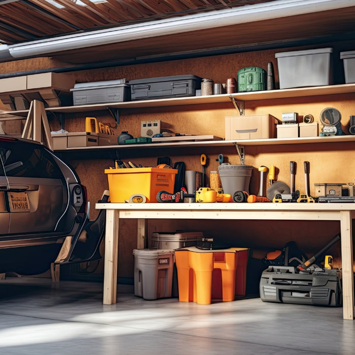 A tidy garage with shelves and a workbench organized with tools, storage bins, and equipment, alongside a parked car. 