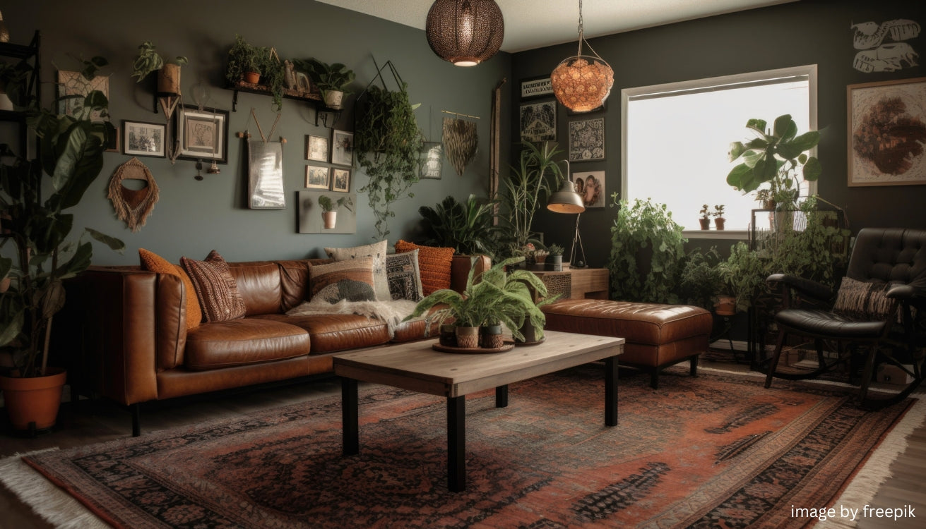 Cozy industrial bohemian living room with earthy tones, lush green plants, and an industrial pipe coffee table, blending modern industrial and boho styles.