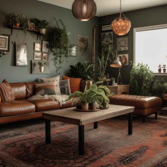 Cozy industrial bohemian living room with earthy tones, lush green plants, and an industrial pipe coffee table, blending modern industrial and boho styles.