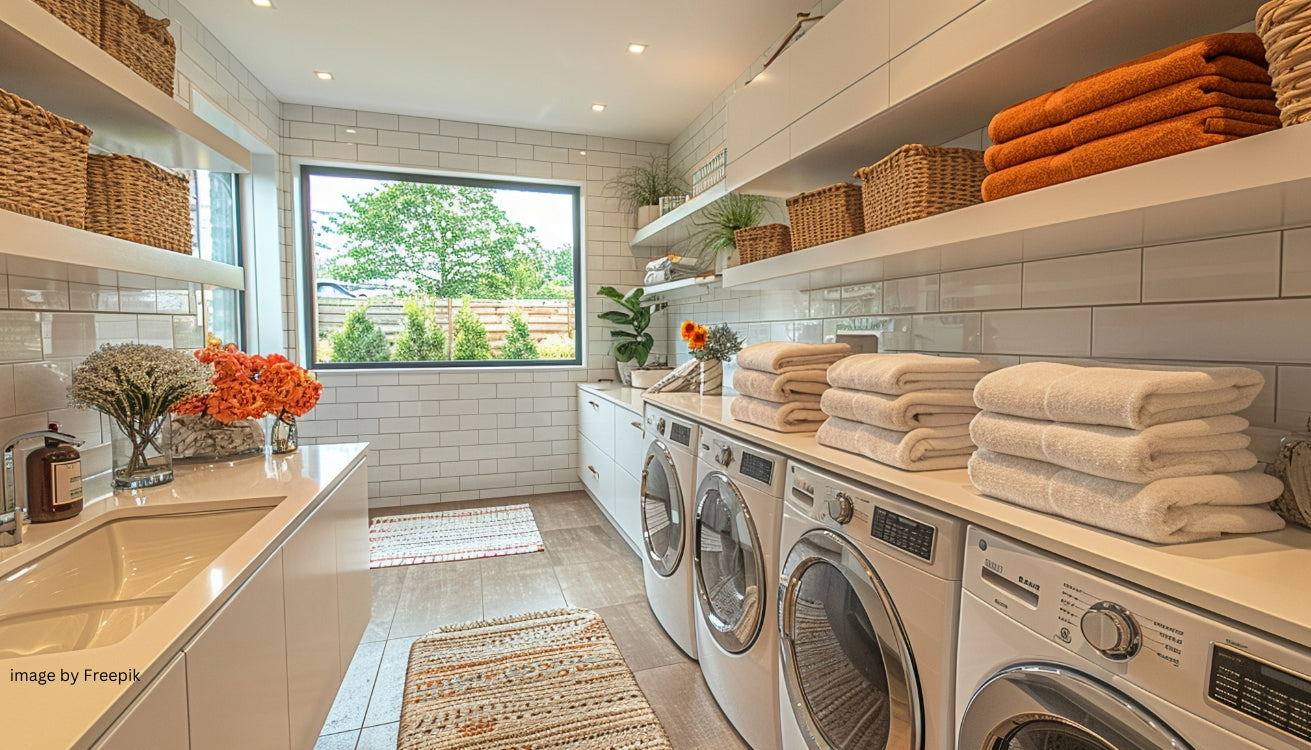 A bright, organized laundry room with a large window, washer and dryer, shelves with baskets, and folded towels.