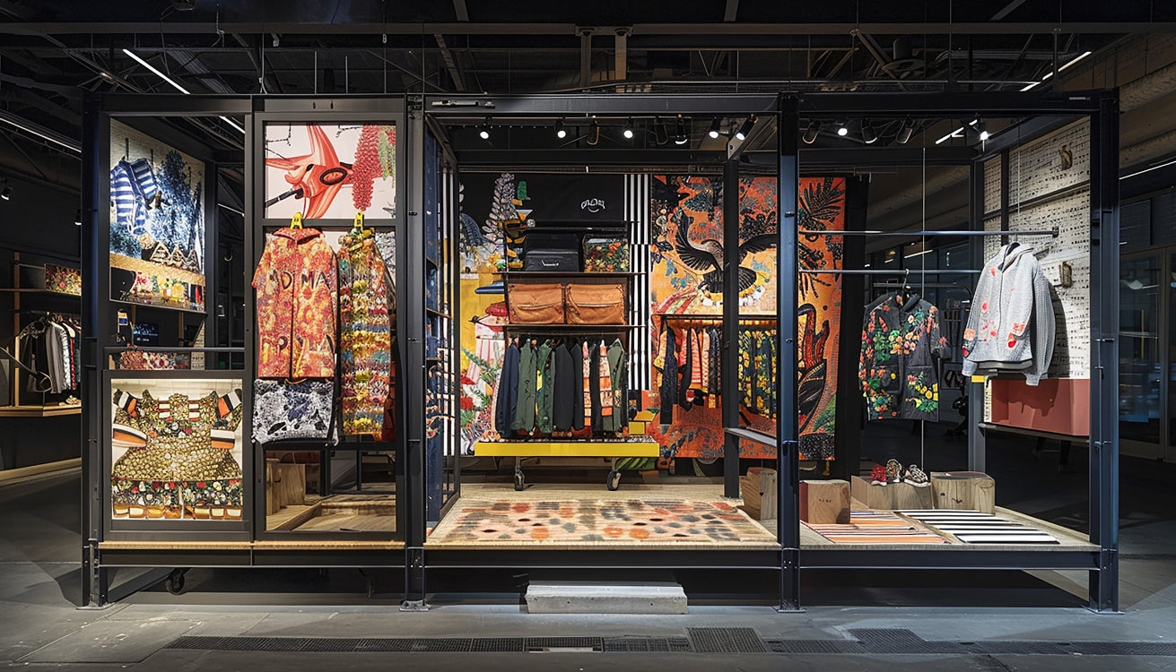 Vibrant, eye-catching market booth showcasing a range of bold, colorful clothing and accessories, framed with pipe furniture for a modern, industrial look.