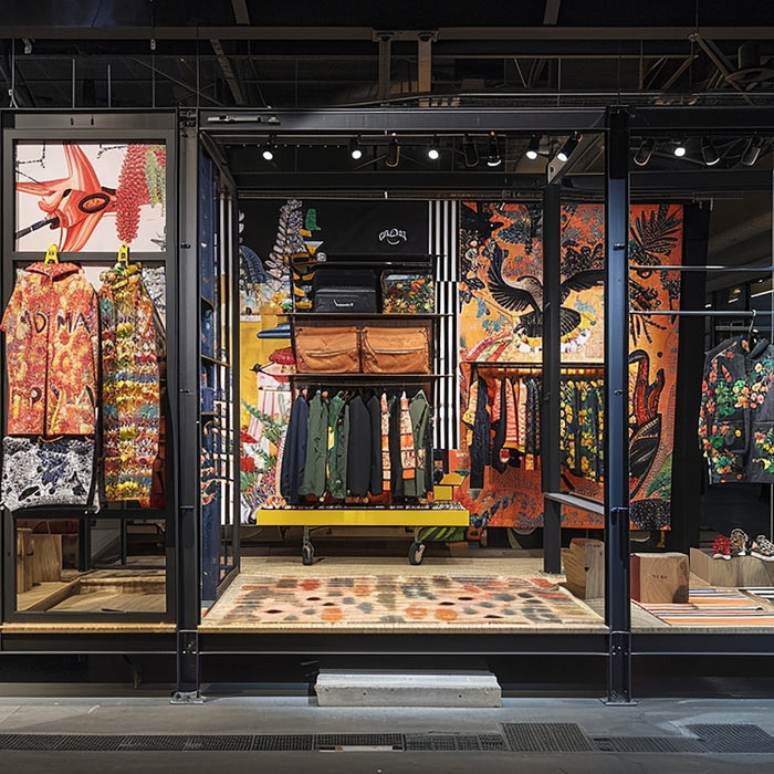 Vibrant, eye-catching market booth showcasing a range of bold, colorful clothing and accessories, framed with pipe furniture for a modern, industrial look.