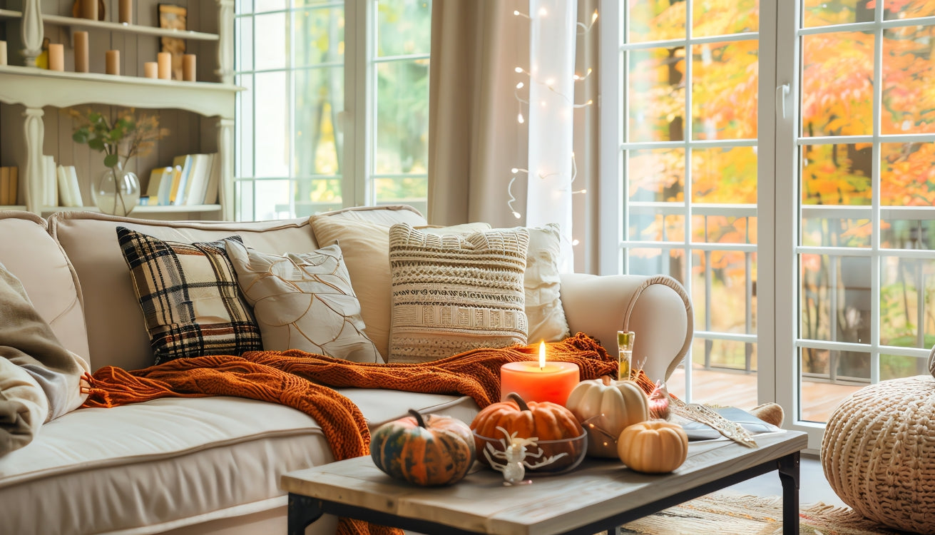 Cozy fall living room featuring warm neutral tones with layered pillows, throw blankets, and seasonal pumpkin decor.