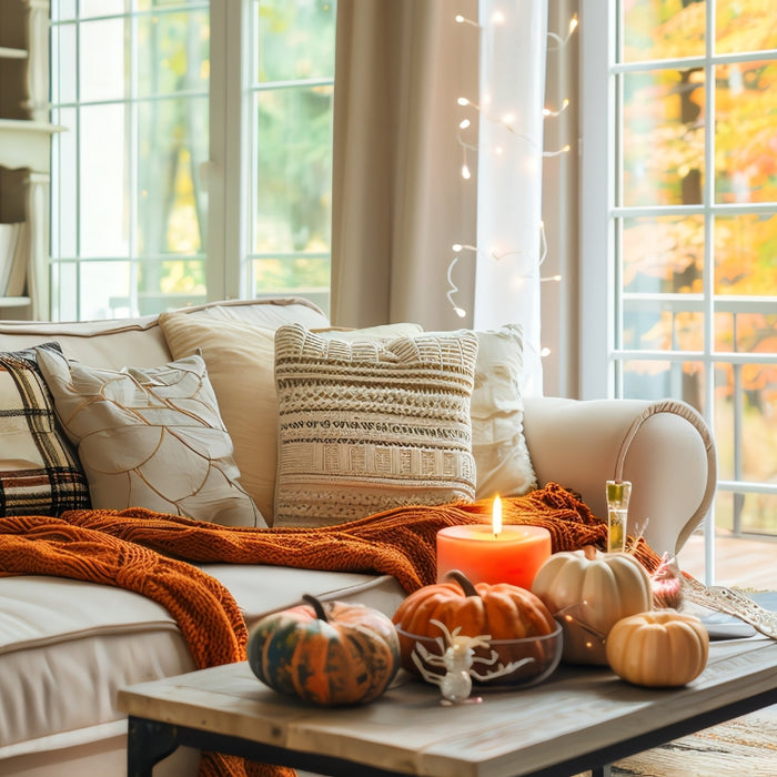 Cozy fall living room featuring warm neutral tones with layered pillows, throw blankets, and seasonal pumpkin decor.