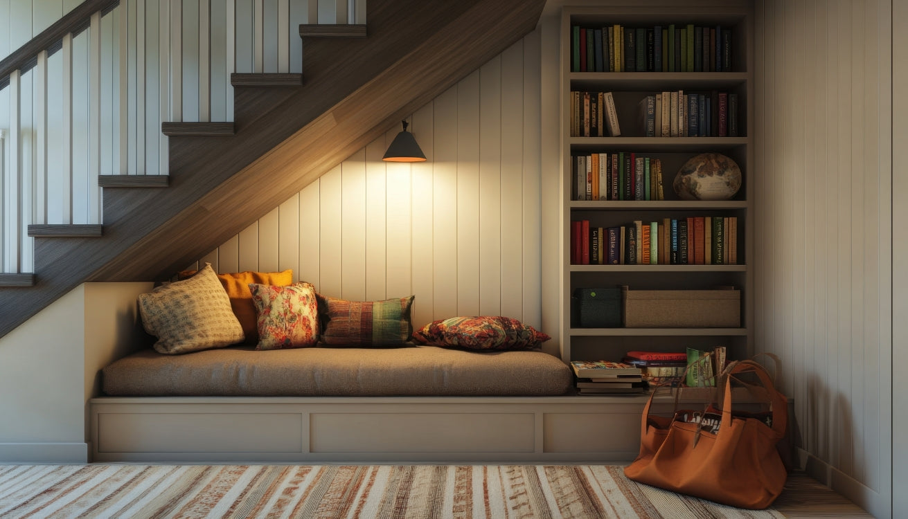 Cozy reading nook built under a staircase with a cushioned bench, colorful pillows, built-in bookshelf, and warm ambient lighting.