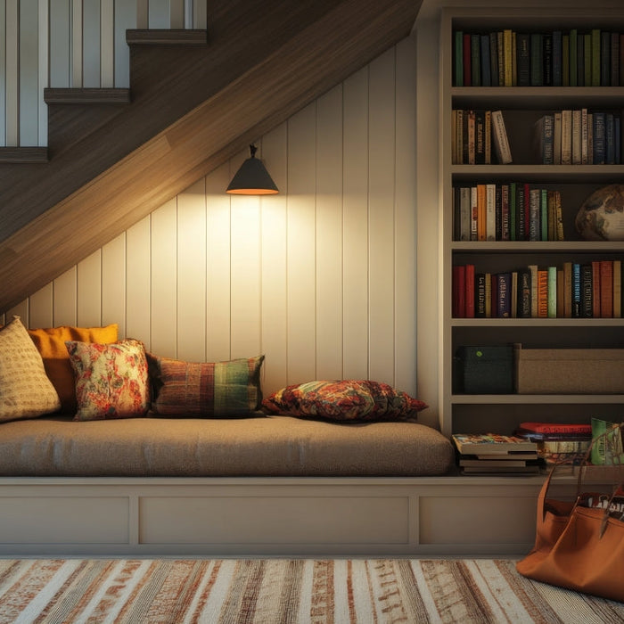 Cozy reading nook built under a staircase with a cushioned bench, colorful pillows, built-in bookshelf, and warm ambient lighting.