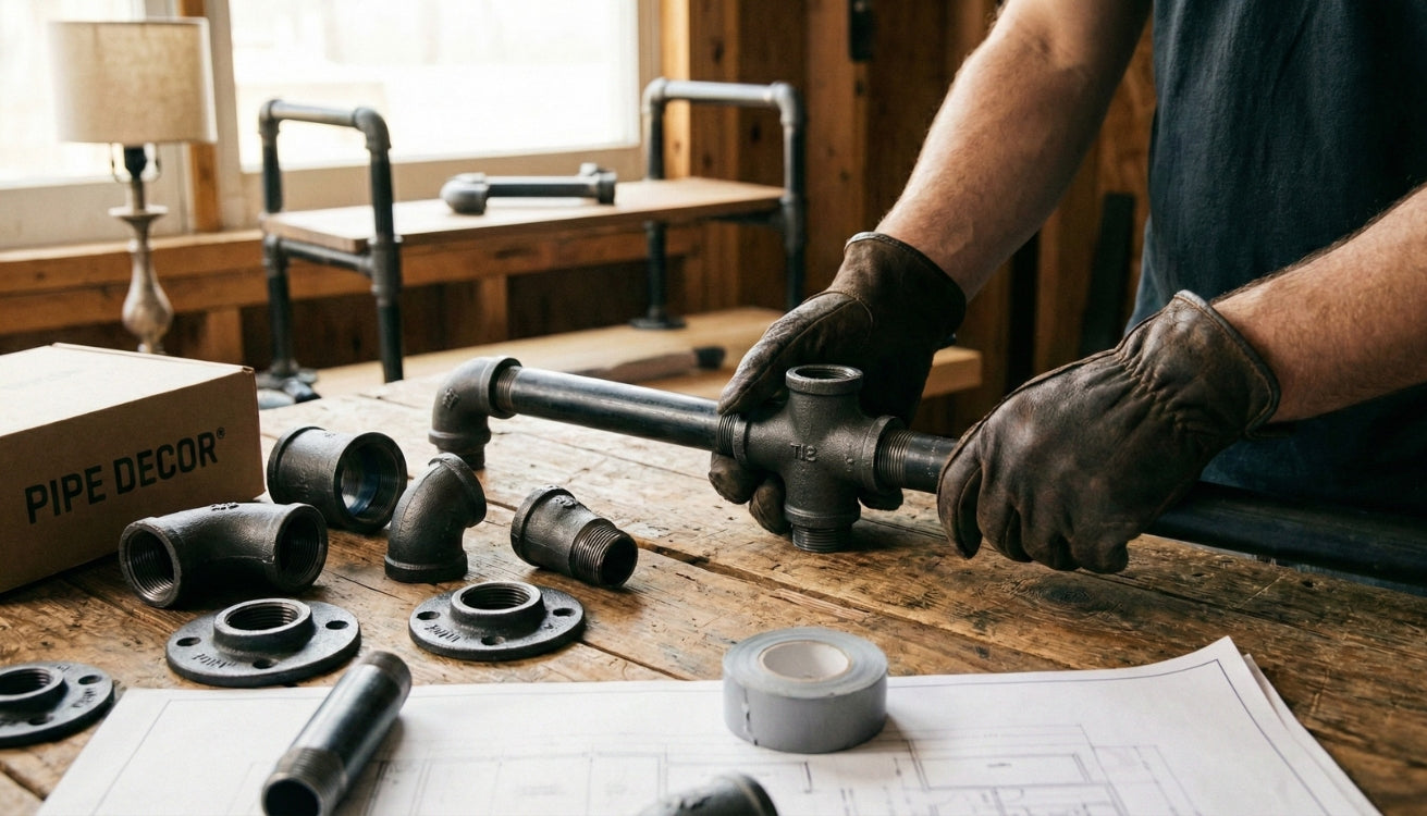 A person in leather gloves assembles black iron pipe and fittings for a DIY shelving project on a rustic wooden workbenc