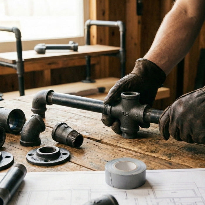 A person in leather gloves assembles black iron pipe and fittings for a DIY shelving project on a rustic wooden workbenc