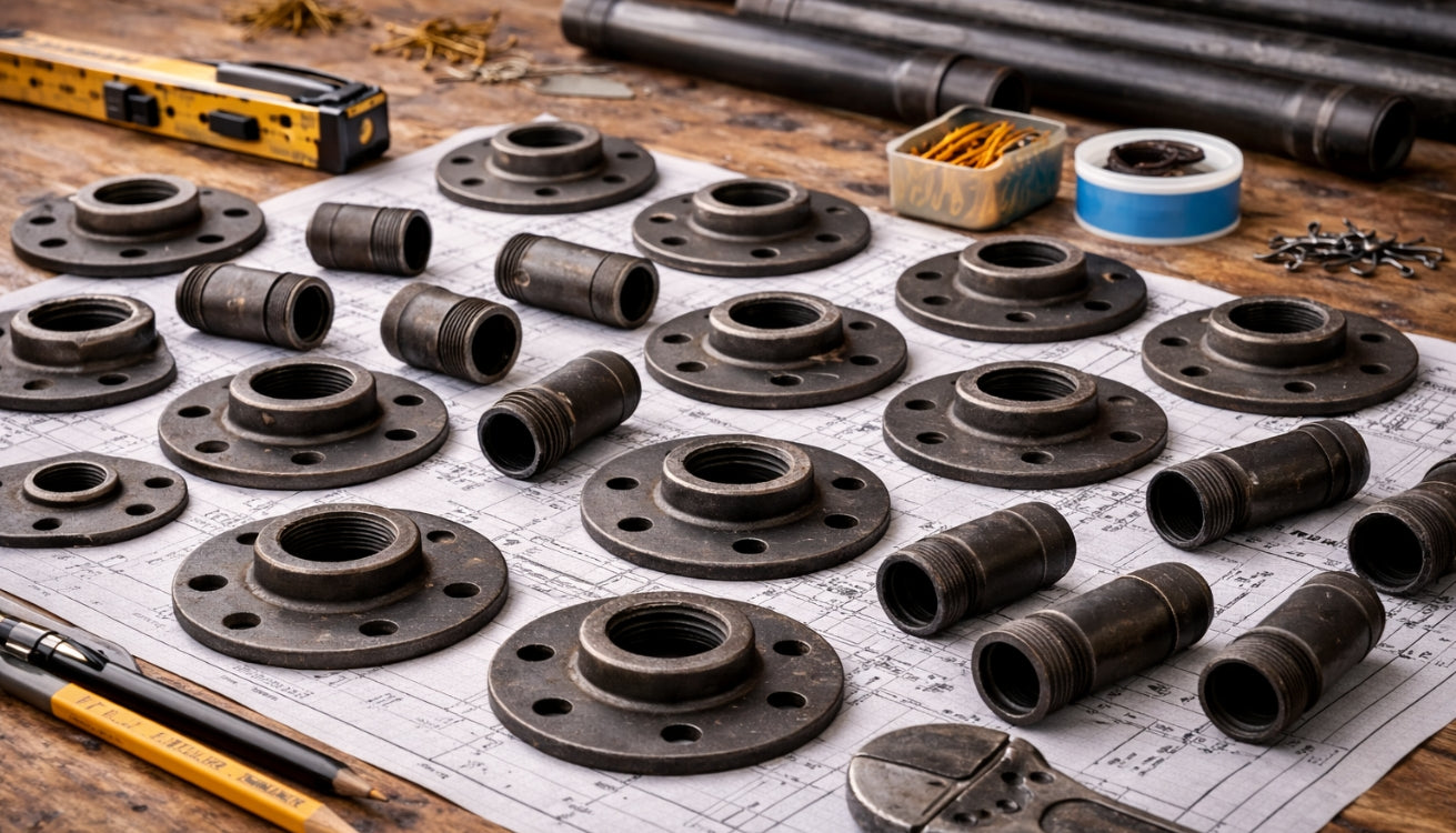 Flat lay of pipe flanges and nipples for DIY projects.