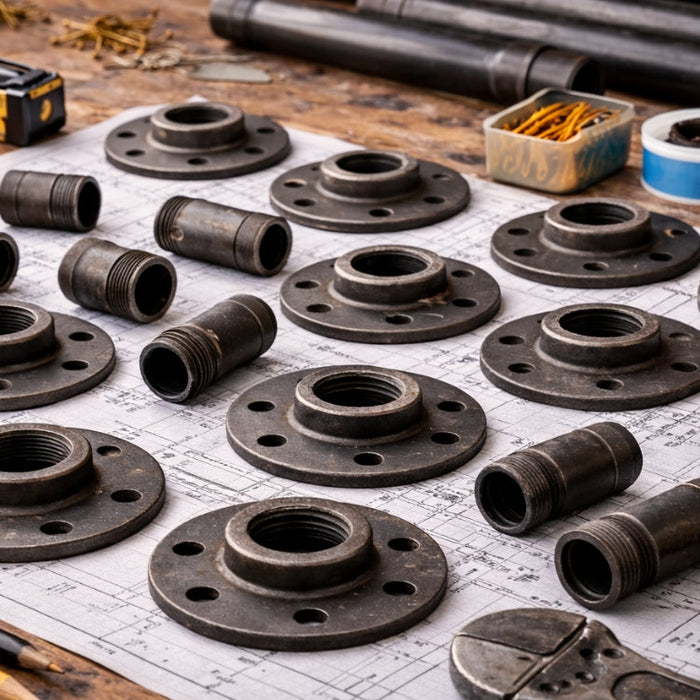 Flat lay of pipe flanges and nipples for DIY projects.