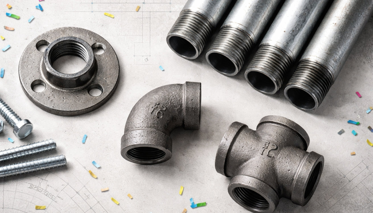 Flat lay of galvanized steel pipes, a floor flange, 90-degree elbow, and tee fitting on a concrete background with confetti.