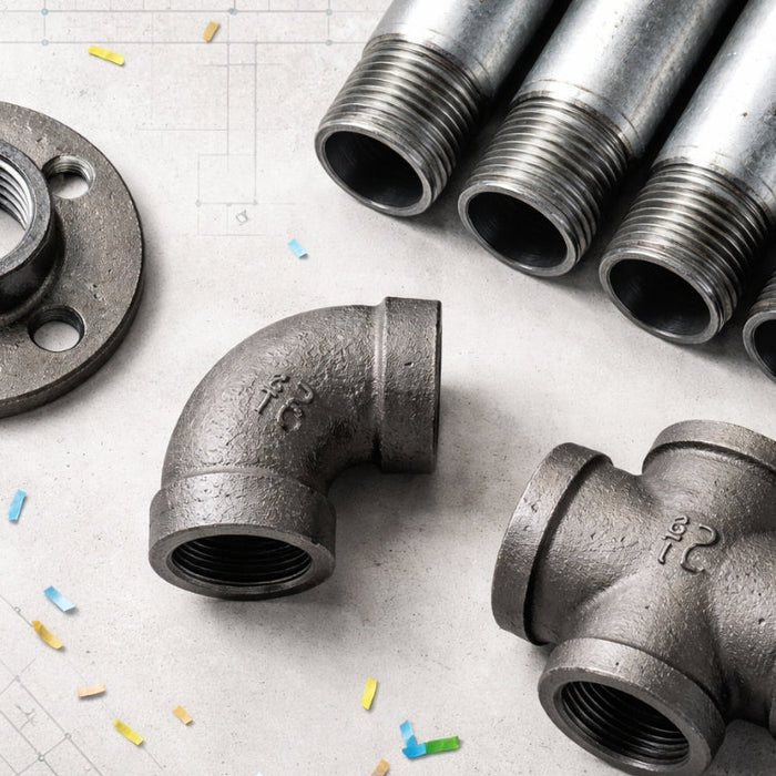 Flat lay of galvanized steel pipes, a floor flange, 90-degree elbow, and tee fitting on a concrete background with confetti.