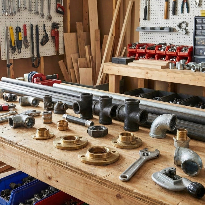 A workshop workbench covered with assorted pipes and fittings for DIY pipe furniture. 