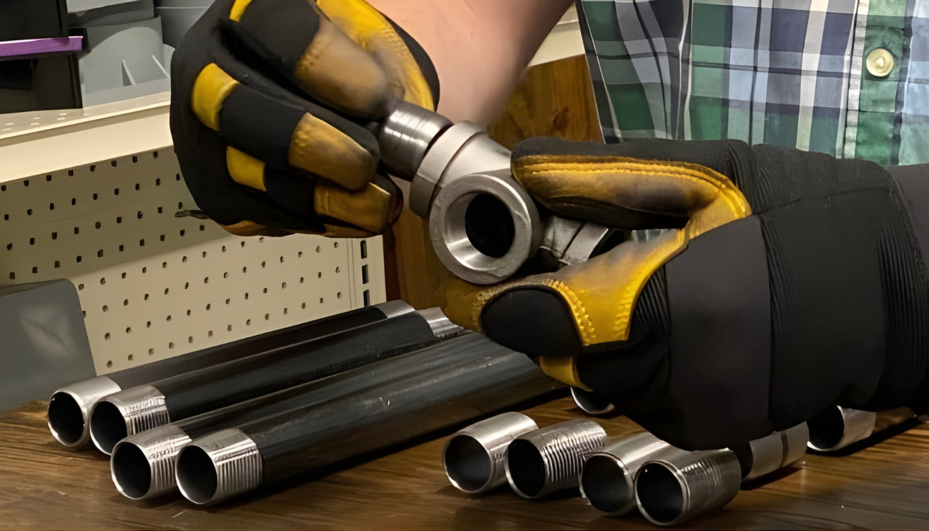 Close-up of gloved hands assembling a steel tee fitting on a workbench, surrounded by threaded black steel pipes and nipples in a workshop.
