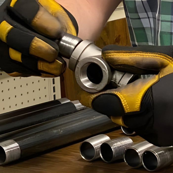 Close-up of gloved hands assembling a steel tee fitting on a workbench, surrounded by threaded black steel pipes and nipples in a workshop.