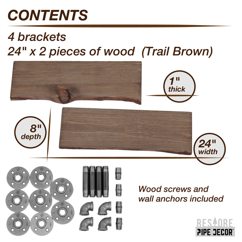 24” Trail Brown Live Edge Wood Shelf with L-Shaped Pipe Brackets (2-Pack)