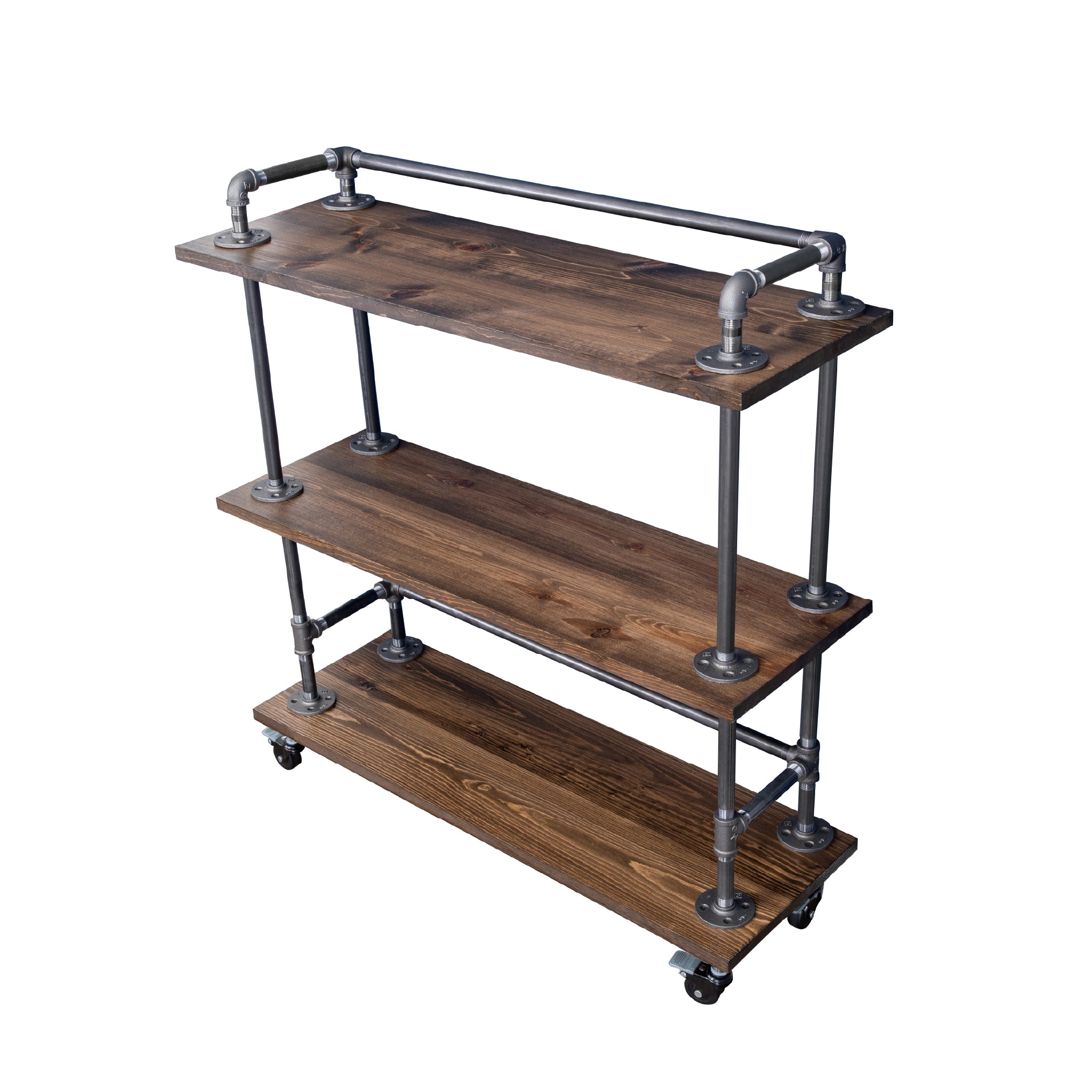 Three-tier Wood Shelf Industrial Bar Cart with Locking Wheels