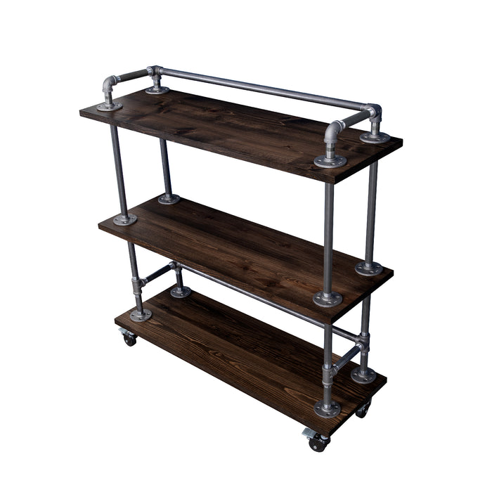 Three-tier Wood Shelf Industrial Bar Cart with Locking Wheels, Boulder Black