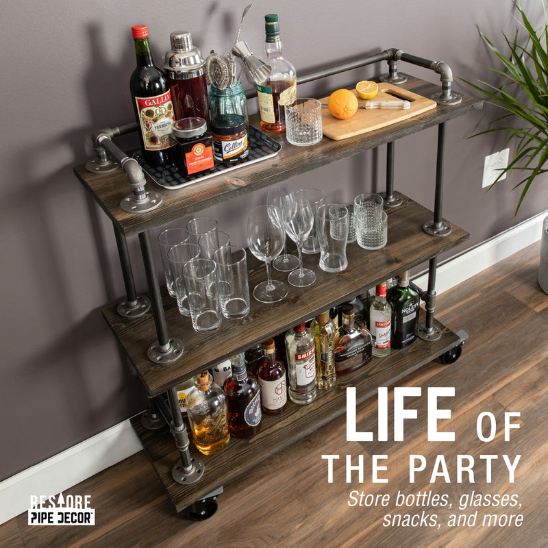 Carrito de bar industrial con estantes de madera de tres niveles y ruedas con bloqueo, color negro Boulder