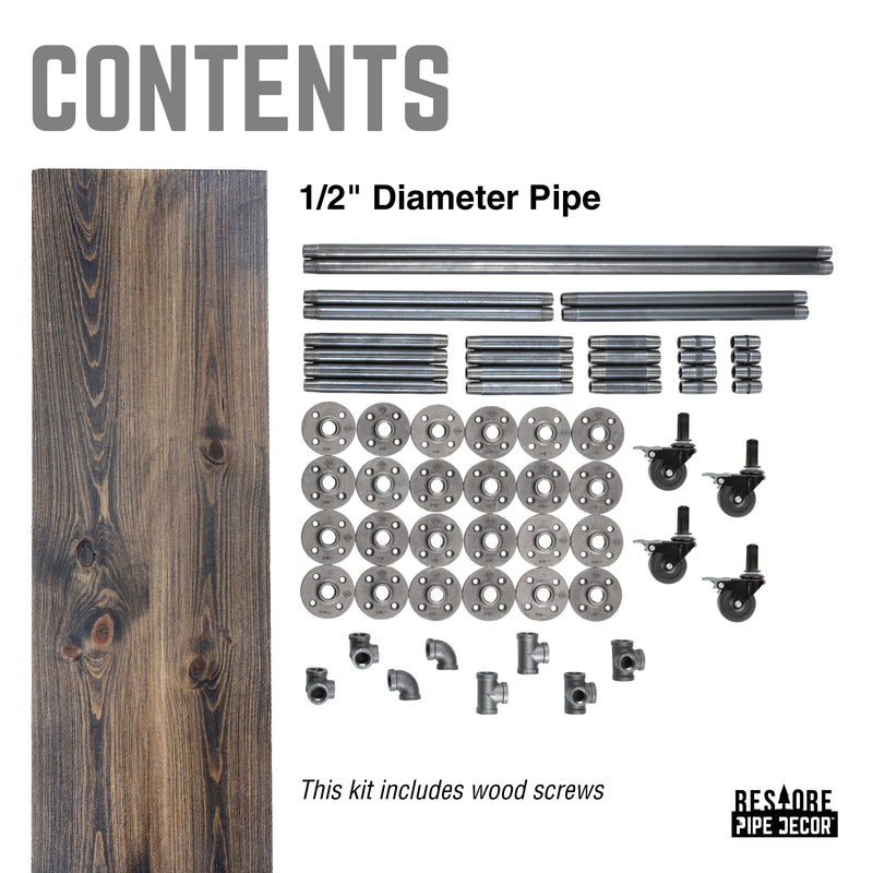 Carrito de bar industrial con estantes de madera de tres niveles y ruedas con bloqueo, color negro Boulder
