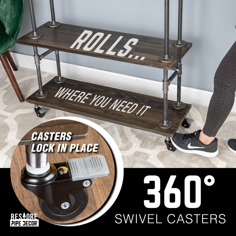 Carrito de bar industrial con estantes de madera de tres niveles y ruedas con bloqueo, color negro Boulder