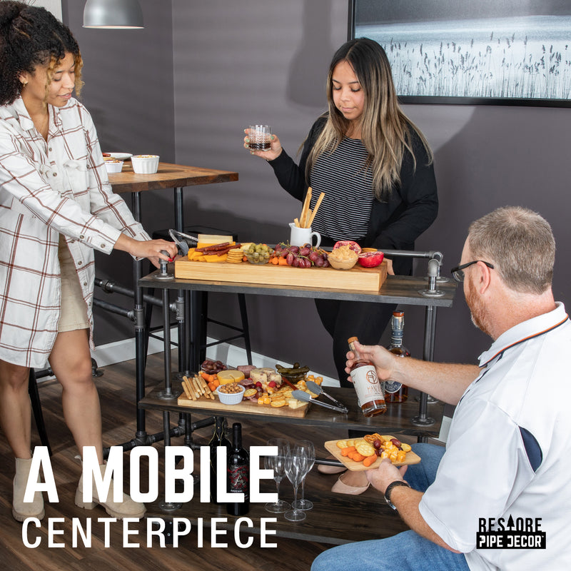 Carrito de bar industrial con estantes de madera de tres niveles y ruedas con bloqueo, color negro Boulder