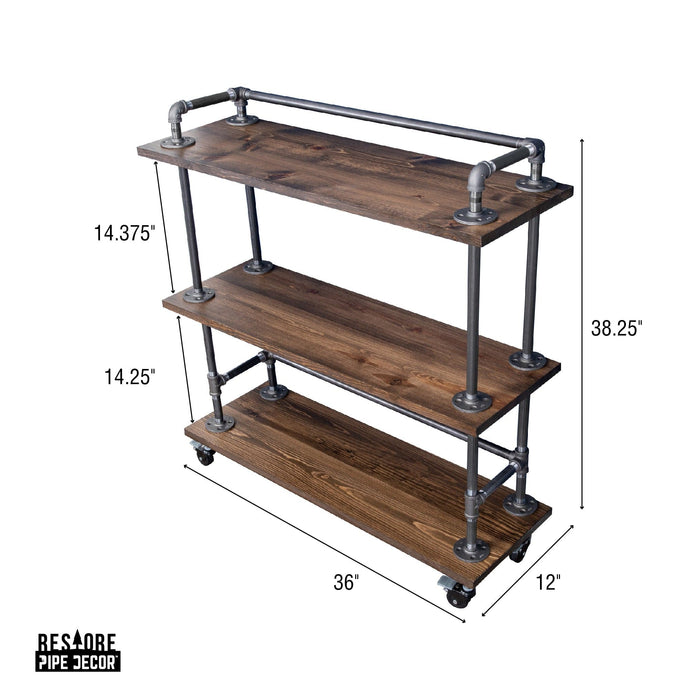 Three-tier Wood Shelf Industrial Bar Cart with Locking Wheels, Trail Brown