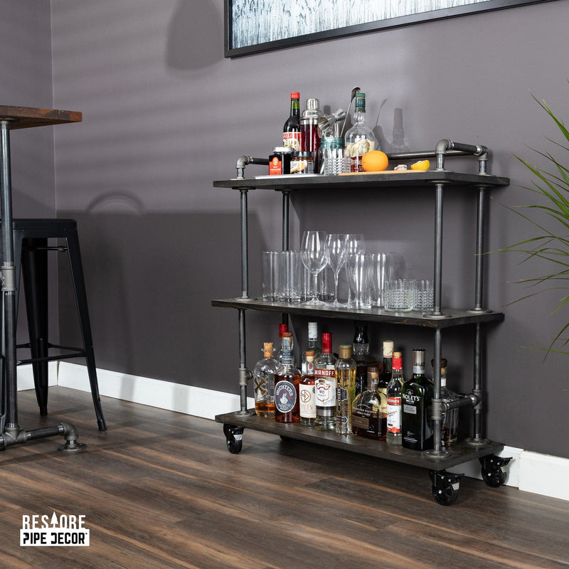 Three-tier Wood Shelf Industrial Bar Cart with Locking Wheels, Trail Brown