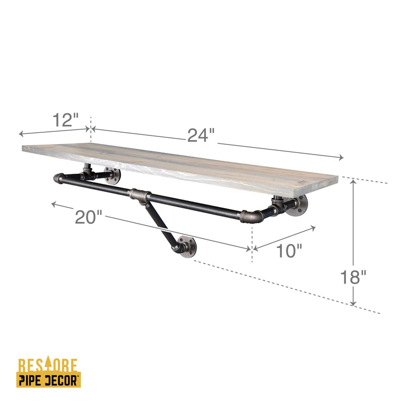 Portant à vêtements mural de 24 po avec tablette en bois, gris Riverstone